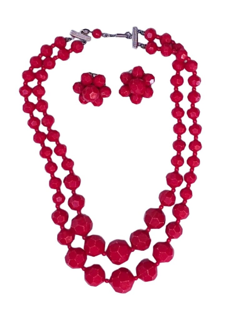 Vintage 1960s Signed Hong Kong Red Beaded Necklace & Earring Set Demi Parure